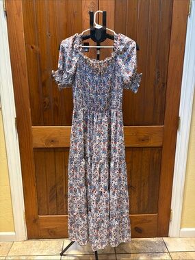 Max Studio Blue & Rust Floral Smocked Maxi Dress